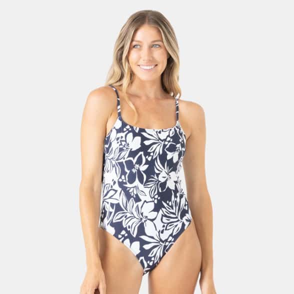 Roxy Oceanside one-piece swimsuit front view on model at beach