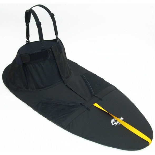 Side view of the Seals Sneak Spray Skirt 1.7 showcasing the bungee-powered rim grip system while secured on a kayak.