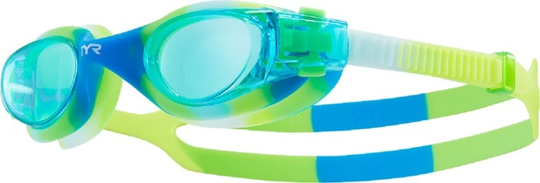 Front view of TYR Vesi Tie-Dye Kids Swim Goggles showcasing its vibrant colors and design.