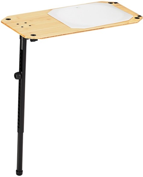 Nomad bamboo camping side table deployed next to RV with cooking gear