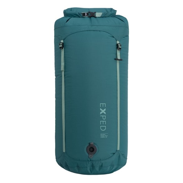 EcoDry Compression Dry Bag showing color-coded sizes and compression straps for efficient storage.