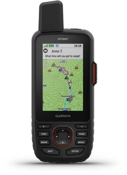Close-up of Garmin GPSMAP 67i handheld device showing its sunlight-readable screen with topo maps displayed.