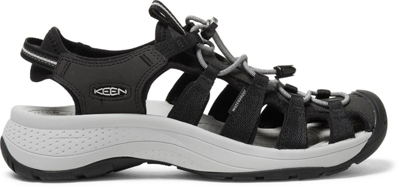 Close-up of KEEN Astoria West sandals highlighting the recycled PET uppers and bungee lace-lock system.