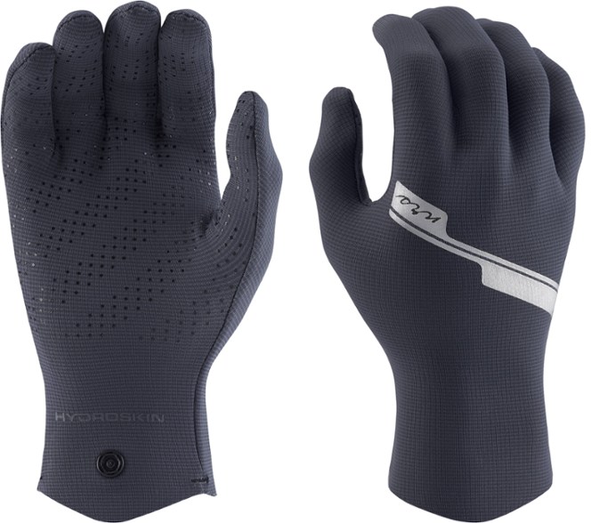 Close-up of insulated gloves showing silicone palm grip and durable stitching