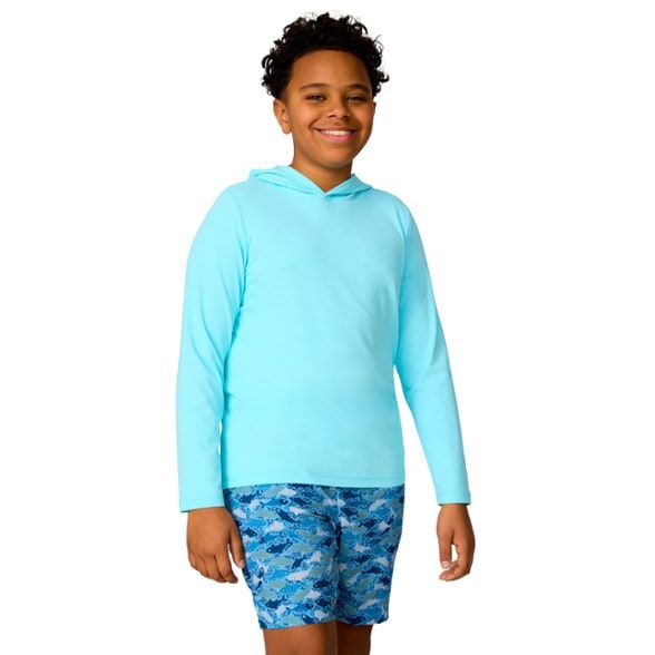 Front view of child wearing kids breathable sun protective top for outdoor activities