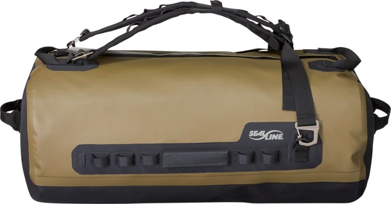 SealLine Pro Zip 70L dry bag in use on a kayak deck, showing shoulder straps and side handles