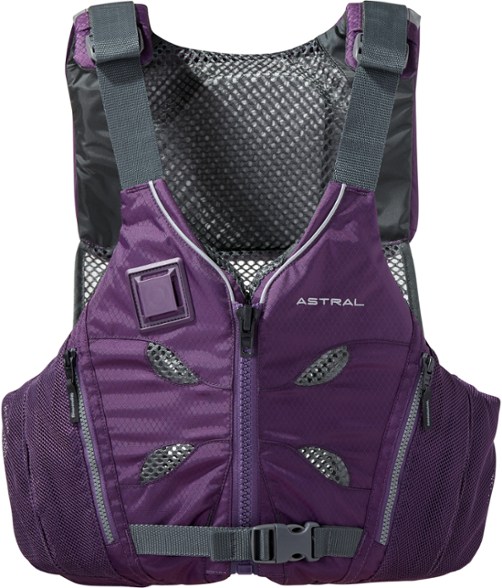 Astral EV-Eight PFD worn by kayaker on calm water, showcasing mesh back design
