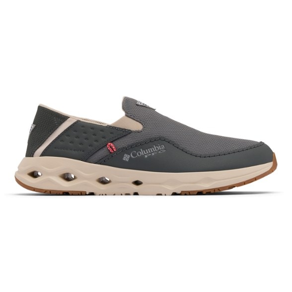 Men's water-resistant slip-on shoes on boat deck with traction soles