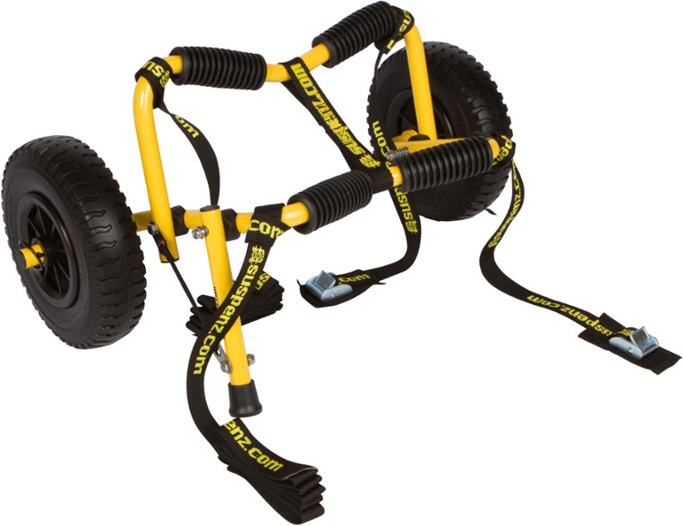 Side view of the Suspenz Stowable Kayak Trolley showcasing its airless tires and sturdy frame.