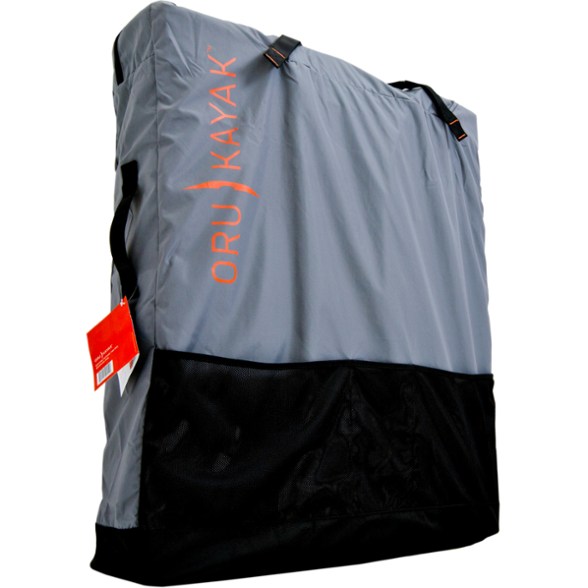 Close-up of the OruTrail Pro kayak backpack showing heavy-duty zippers and mesh paddle pocket