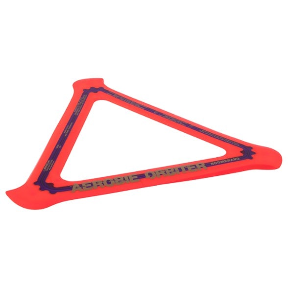 Aerobie Orbiter ProFly boomerang angled mid-flight in backyard