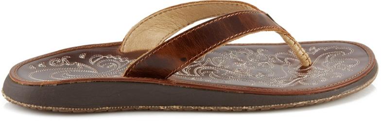 Close-up of OluKai Paniolo Leather Sandals with saddle-inspired stitching