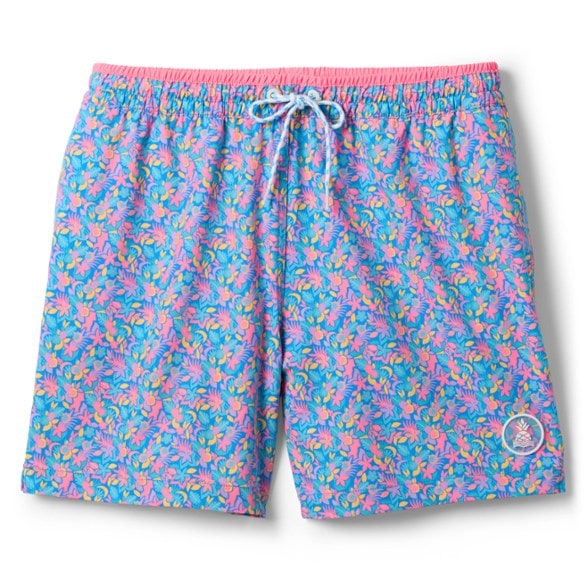 Front view of men's swim trunks with drawstring waistband and lined interior
