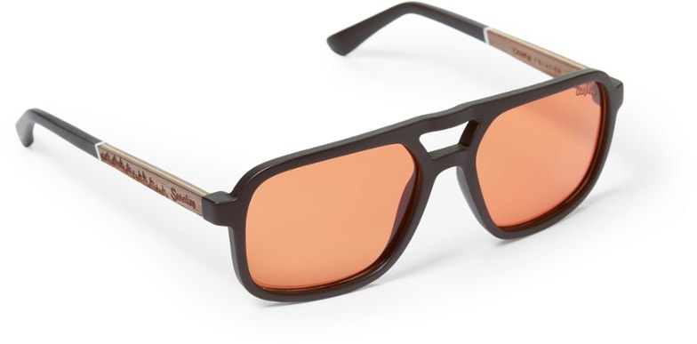 Front angle of Smokey Bear sunglasses showing wood accents and polarized amber lenses.