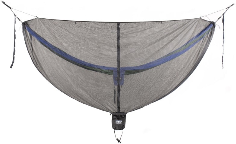 ENO Guardian Bug Net setup over a hammock in a forest setting.