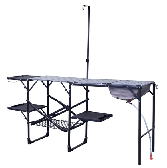 Portable camping kitchen with storage and camping cookware sets with utensils