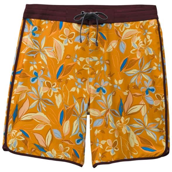 Front view of Retro Drift board shorts showing scalloped hem and faux fly design