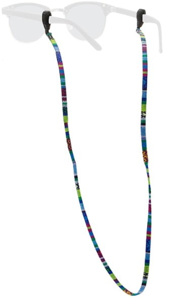 Side view of the Chums Baja Urban eyewear retainer in a vibrant multi-color braid, securely holding sunglasses.