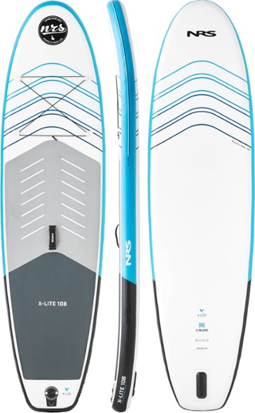 Top-down view of the inflatable paddle board showing EVA deck pad and QuickClick fin system in flatwater conditions.