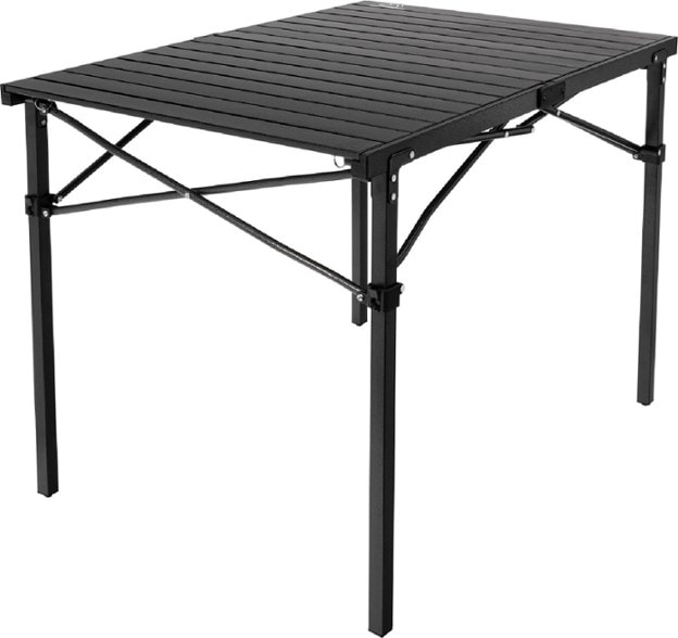 Mountain Summit Heavy-Duty Roll-Top Table set up at a camping site showing its spacious surface