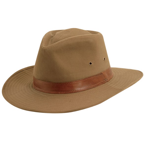 Outdoor shot of the Saguaro Twill Outback Hat with wide brim in natural sunlight