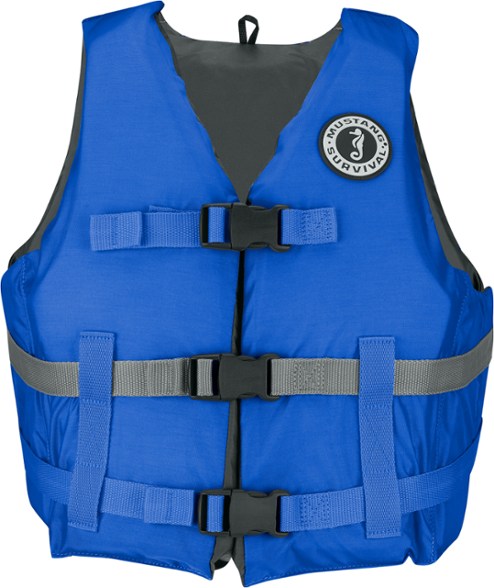 Front view of the GlideFit Life Vest showing the V-neck cut and adjustable buckles, suitable for paddling.