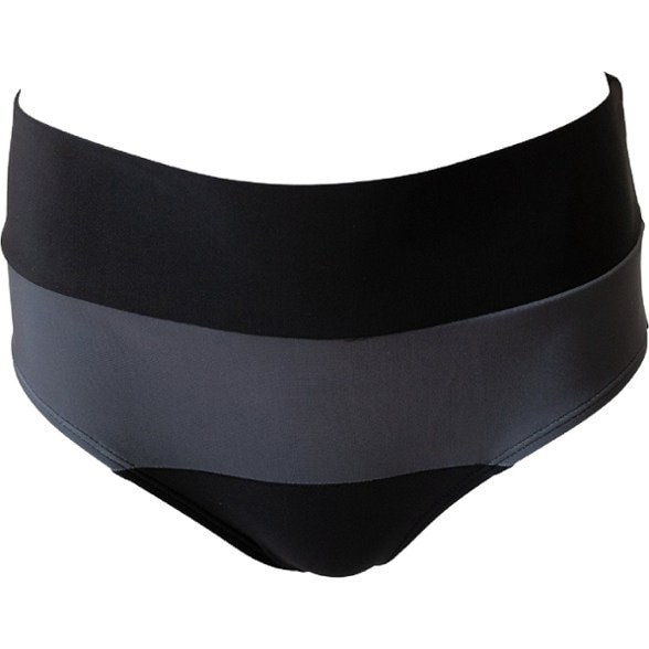 Close-up of Horizon women's recycled swimwear bottoms on model, showcasing the wide waistband and full coverage