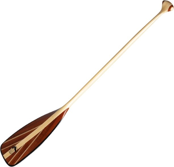 Close-up of the basswood blade with pinstripe design on wooden canoe paddle