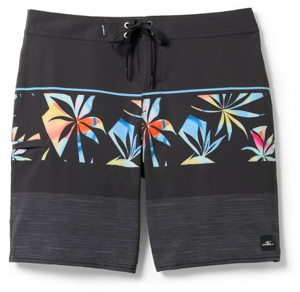 Close-up of O'Neill Hyperfreak Heat Block board shorts showing fabric and stretch fit.