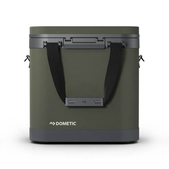 Recon ZL 21L insulated cooler mounted on a camping backpack, showing MOLLE attachment points