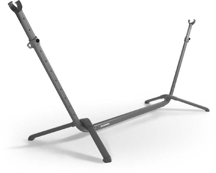 Kammok Swiftlet hammock stand assembled in a park setting, showing its portable and adjustable features.