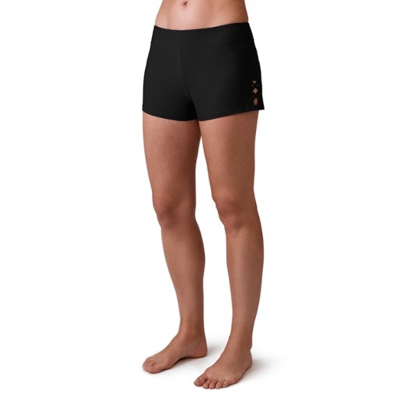 Front view of Premium Laser-Cut Women's Swim Shorts showcasing the quick-dry fabric and laser-cut design.