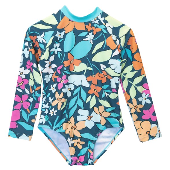 Kids wearing long sleeve swimsuit playing on the beach