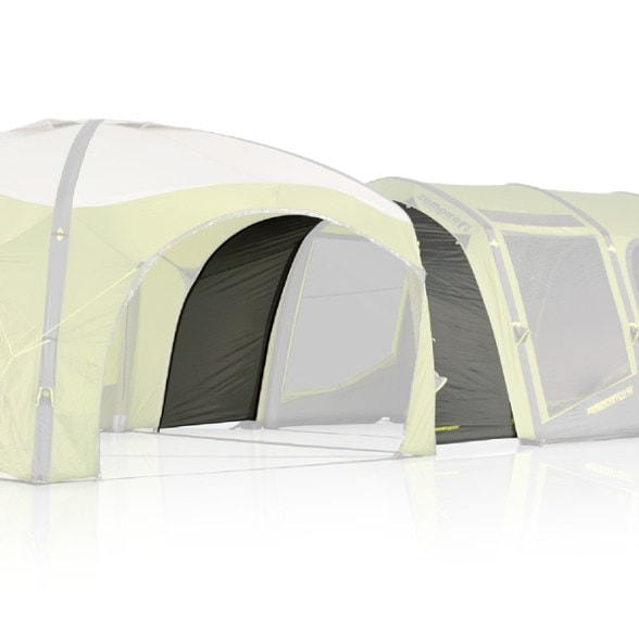 Side view of the Zempire Evo Connect Link creating a seamless connection between a Zempire Evo TM V2 Air Tent and an Aerobase 3 Pro shelter, showing the weather-tight seal.