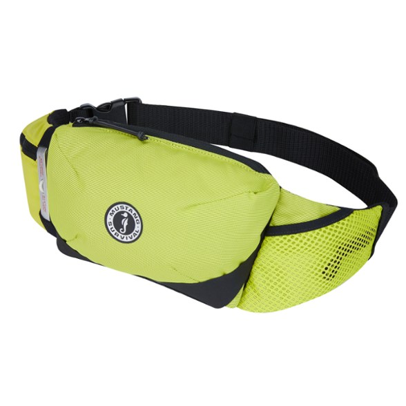 Front view of the AirVenture inflatable PFD belt pack showing zippered pockets and sleek waist fit.