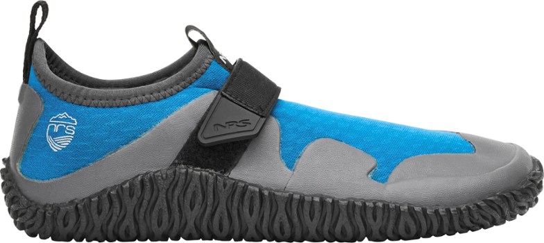 Close-up of AquaStride women's neoprene water shoes in black, showcasing the adjustable hook-and-loop strap and durable stitching.