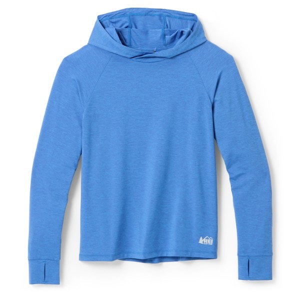 UltraShield Kids' Sun Hoodie worn by a child on a hiking trail, highlighting the moisture-wicking fabric and UPF protection.