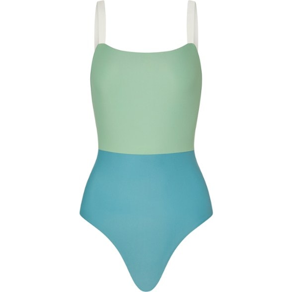 Front view of the EcoWave one-piece swimsuit showing sculpted fit and shoulder straps