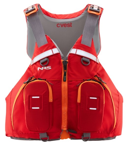 NRS cVest PFD life jacket worn by a sea kayaker, showing the high-back design and mesh lower back.