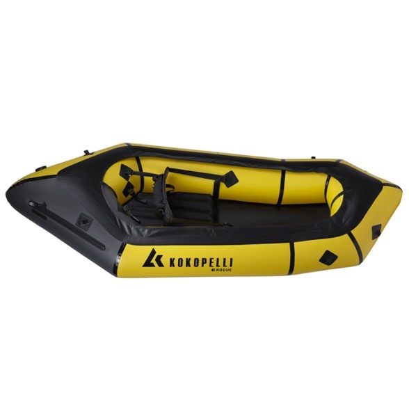 Kokopelli Rogue Packraft on a river, showcasing its TiZip zipper and removable spray deck.