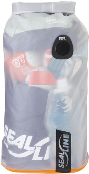 SealLine Discovery View 20L dry bag floating in calm water for kayaking gear storage