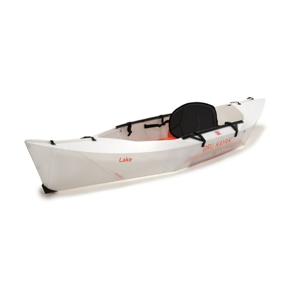 Oru Lake Sport 9' foldable kayak on calm waters, showcasing its stability and sleek design.