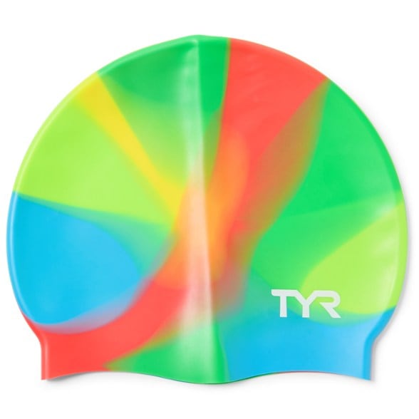 Close-up of vibrant tie dye kids silicone swim cap with a focus on its durable material.