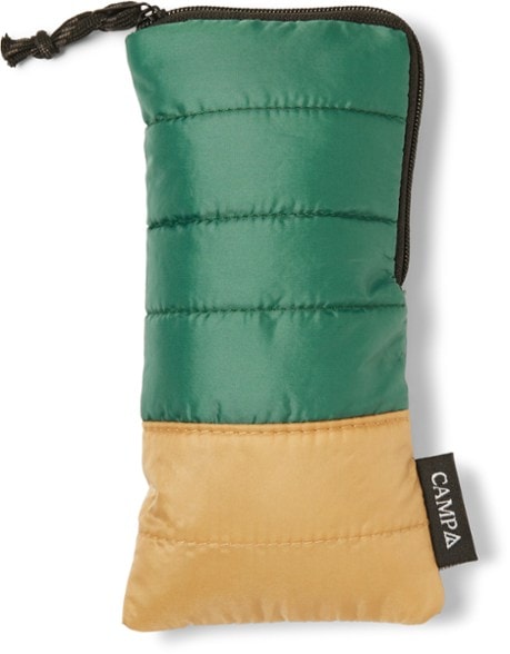 Eco-friendly insulated pouch in a hiking setting, showcasing its compact design and attachment loop.