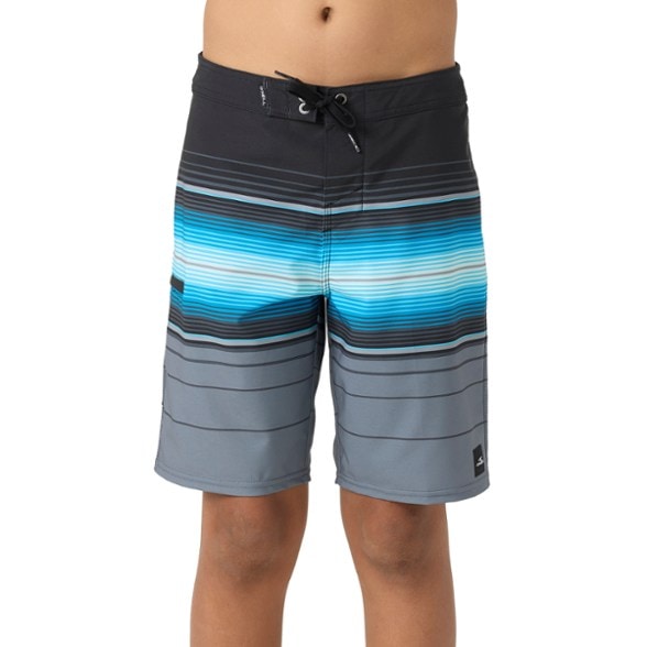 Close-up of boys' Hyperfreak Heat Stripe board shorts with vibrant stripe pattern