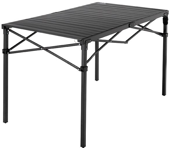 Mountain Summit Heavy-Duty Portable Roll-Top Table set up outdoors, great for camping meals.