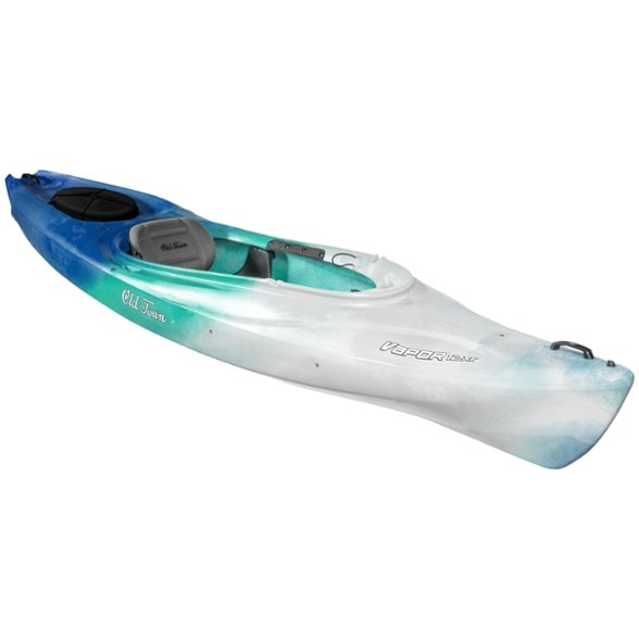Side view of the Old Town Vapor 12XT kayak on a calm lake, showing its stable hull design
