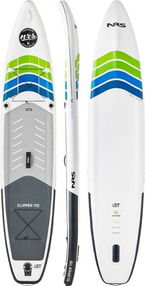 Clipper 110 inflatable SUP in action on a calm river, showcasing its touring paddle board design