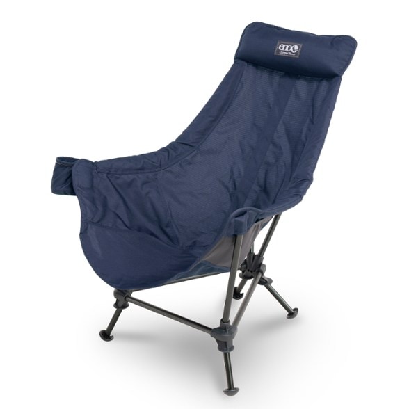 ENO Voyager hammock-style camping chair unfolded in forest setting with cup holder visible