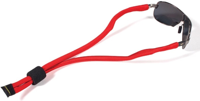 Close-up of Croakies eyewear retainer strap attached to sunglasses, showing bright Lycra texture and foam